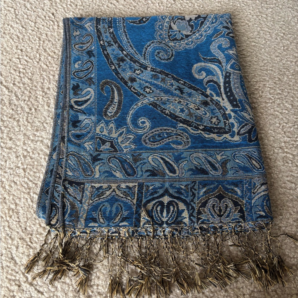 Pashmina Teal and Gold Paisley Scarf 100% Cashmere